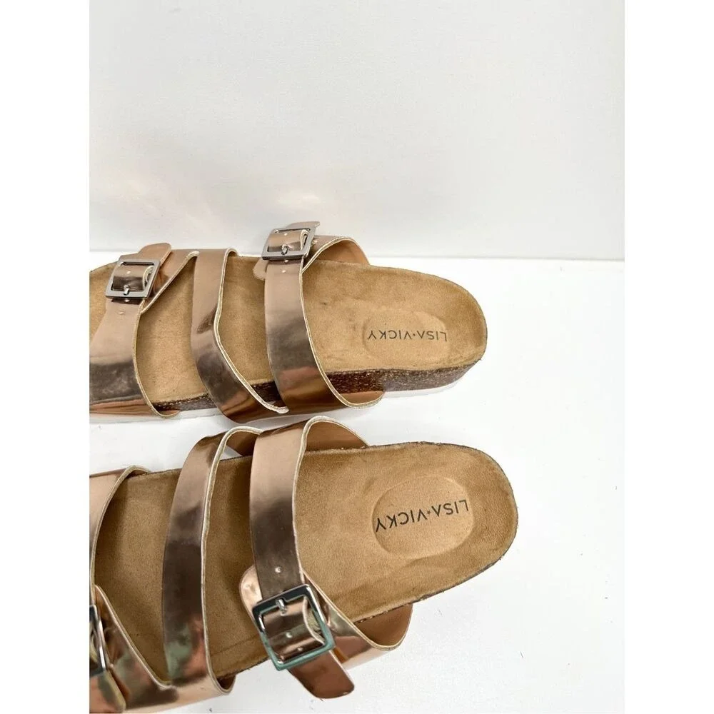 Lisa Vicky Womens Rose Gold Metallic Triple Strap Cork Footbed Sandals Size 6M‎